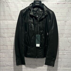 Italian Womans Black Leather‎ Zip Up Jacket Made by CURGÈ size L EU 48 NWT W15